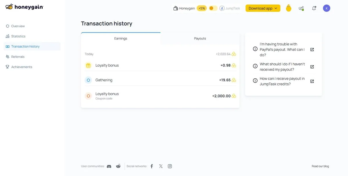Historial de Honeygain con el bono de bienvenida de 2.000 créditos
