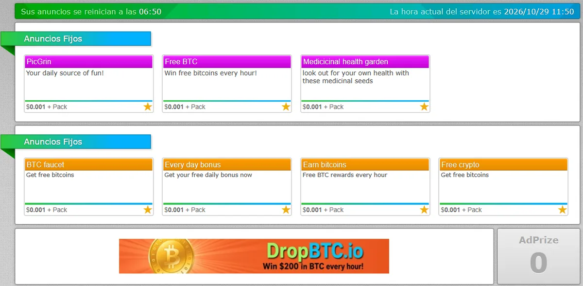 Página Ver Anuncios de NeoBux con 7 anuncios de 0,001 $